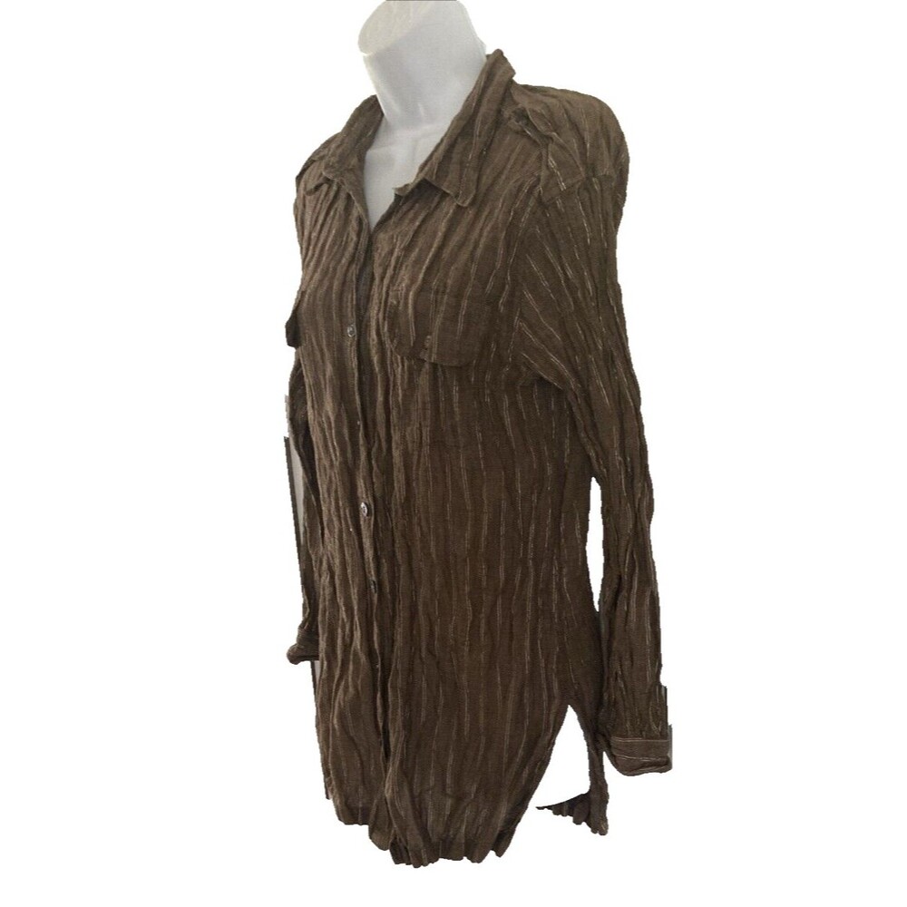 Chico’s Brown Metallic Crinkle Shirt Button Down Size 2 (L) Long Sleeve Tunic - Picture 3 of 8